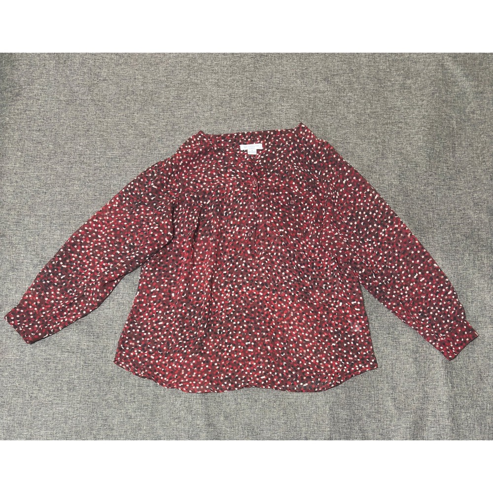 Liz Claiborne Woman 1X Blouse Red Polka Dot Henley Long Sleeve
